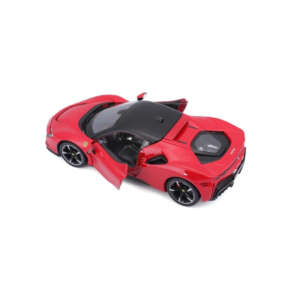 Ferrari SF90 Stradale 1:24 die-cast model in red with black roof, glossy finish, and detailed front interior components.