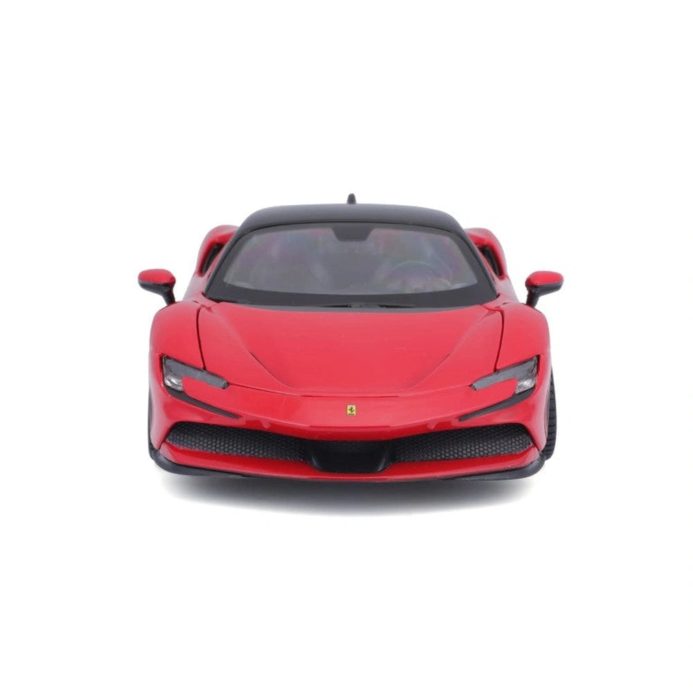 Ferrari SF90 Stradale die-cast model in red with glossy finish, transparent windows, and shiny metallic wheels.