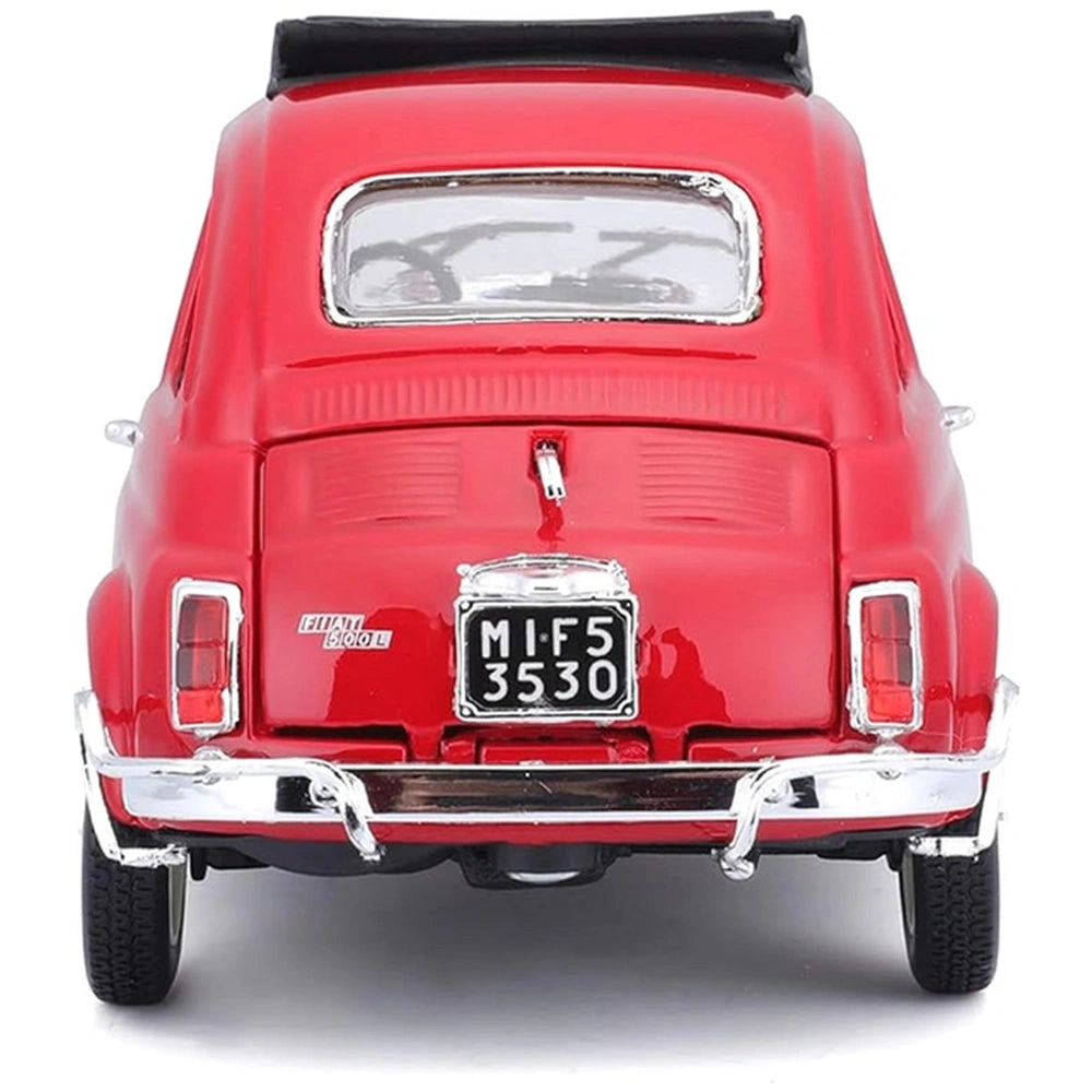 BBurago Fiat 500L 1968 die-cast model in red with a black matte roof, transparent windows, and visible license plate "M1F5 35