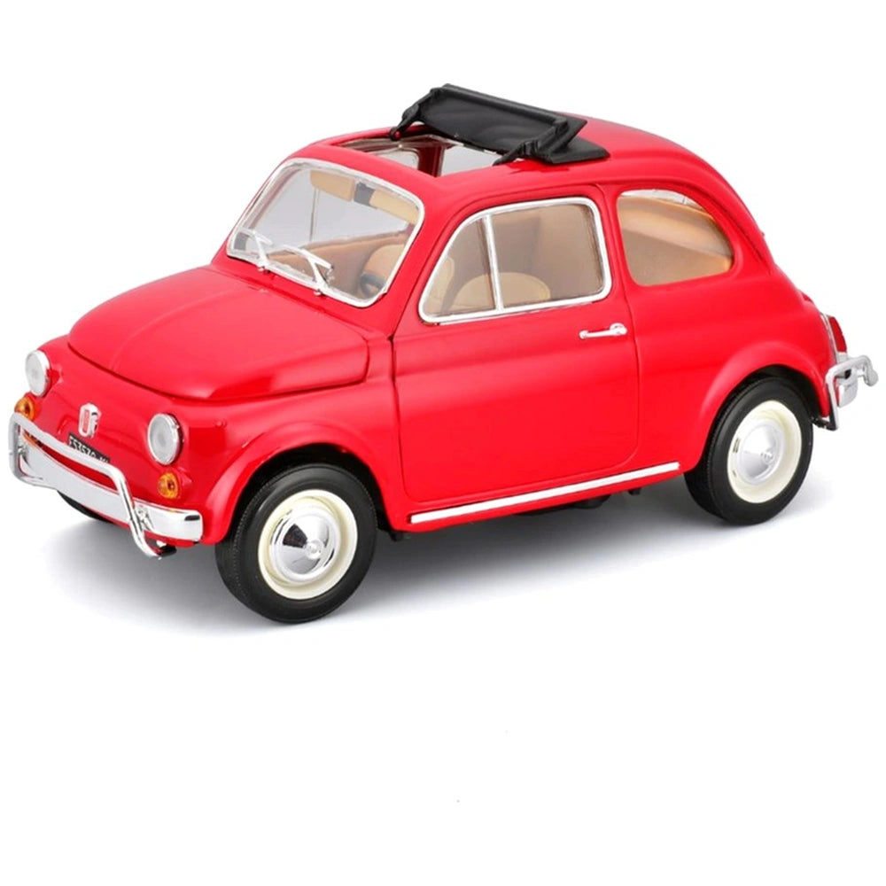 BBurago Fiat 500L 1968 die-cast vehicle features a glossy red body, black roof, and silver details, displayed from the front.