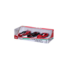 BBurago Race Play Ferrari 3 Car Gift Pack features red and black die-cast toy cars in a vibrant red cardboard box with window