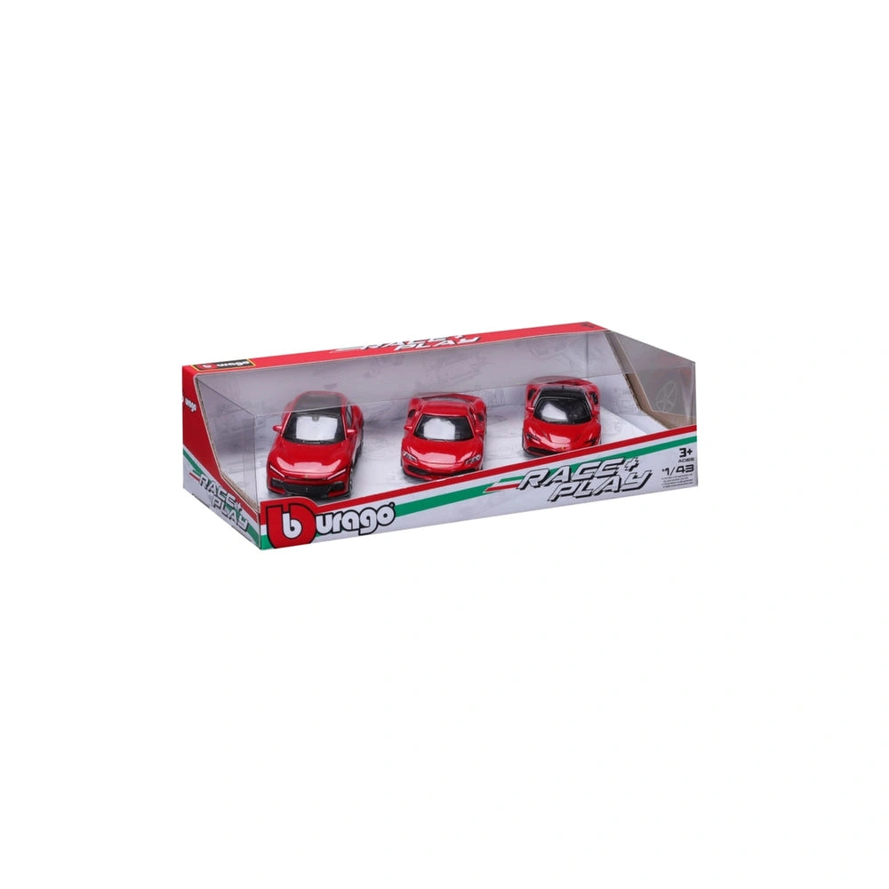 BBurago Race Play Ferrari 3 Car Gift Pack features red, white, and black die-cast toy cars in a vibrant red cardboard box.