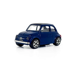 BBurago Street Fire Fiat 500 1965 die-cast model in blue with a glossy finish, black roof, and silver accents.