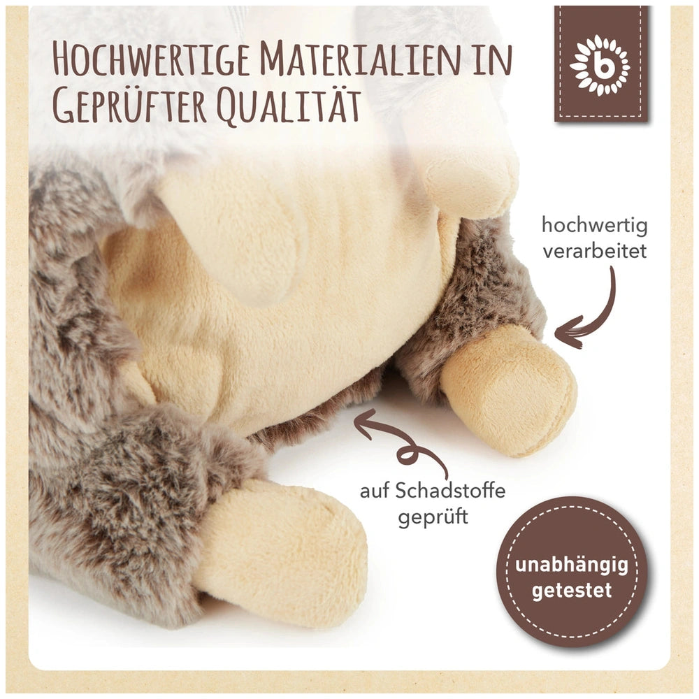 Brown and cream plush hedgehog with soft texture, showcasing quality materials. Labels indicate independent testing for safety.