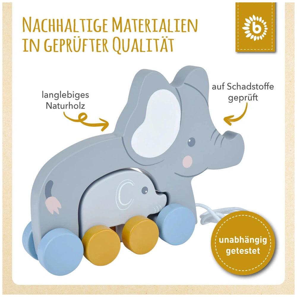 BIECO Pull-Along Elephants toy featuring a larger gray elephant with a baby elephant inside, both on sturdy wheels. Brightly colored wooden wheels in blue and yellow.
