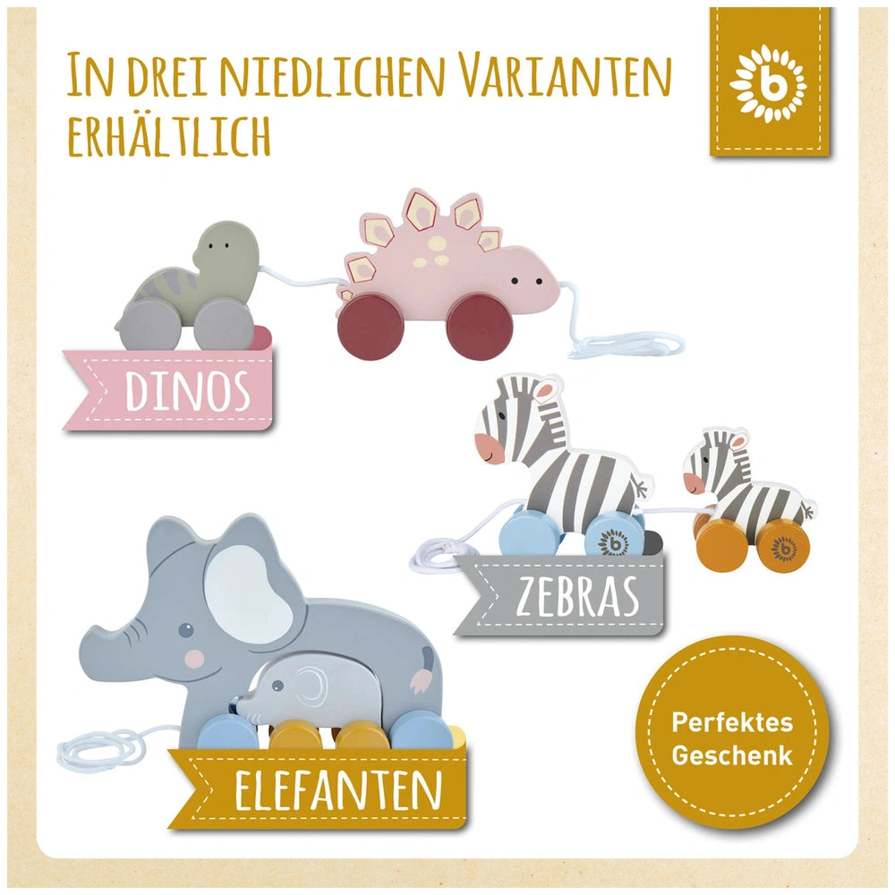 Colorful pull-along toys featuring an elephant family, a dinosaur, and zebras, each attached to wooden wheels, promoting imaginative play.