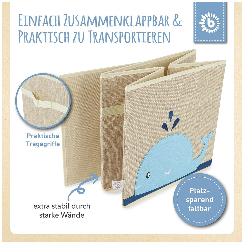 Whale storage box with a linen look in sand and sky blue, featuring sturdy walls and practical handles for easy transport.