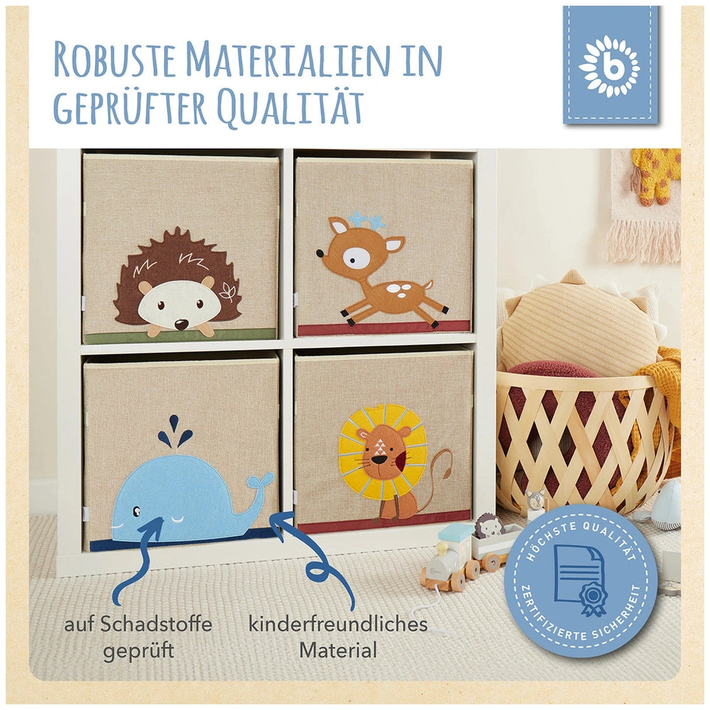 Whale storage box in sky blue design, part of a shelving unit with friendly animal motifs like a hedgehog, deer, and lion, set in a cozy kids' room.