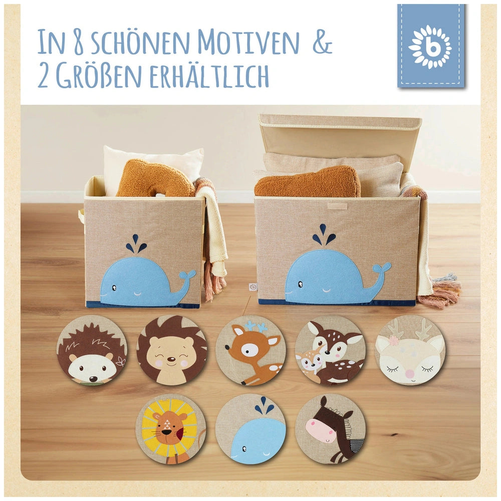 Whale-shaped storage boxes in sand and sky blue, filled with cozy blankets, surrounded by playful animal-themed round coasters.