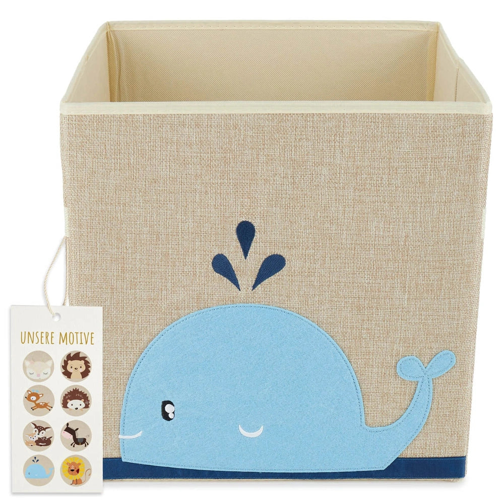 Whale-shaped storage box in soft blue with playful details, featuring a beige linen look exterior and sturdy construction.