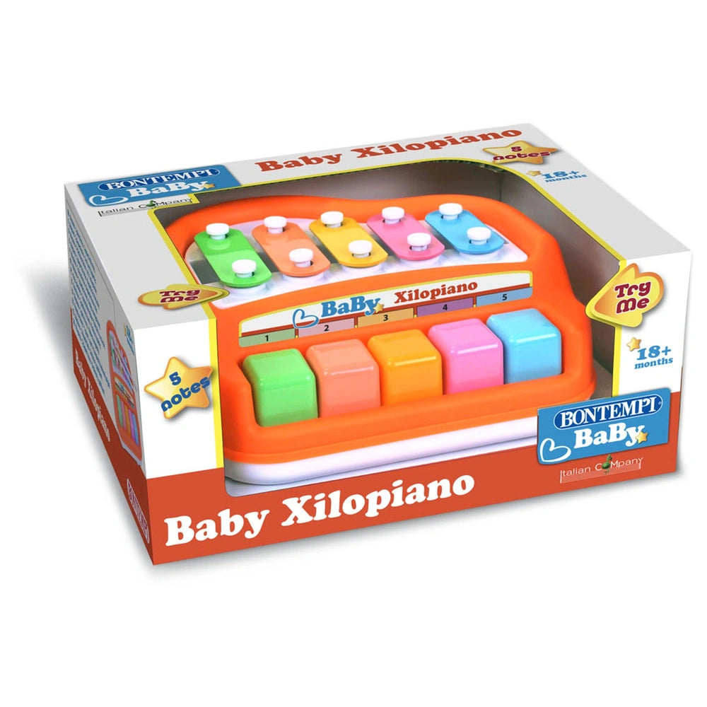 Bontempi Baby Xylopiano in colorful plastic with 18 keys, showcased in a glossy orange cardboard box with a plastic window.
