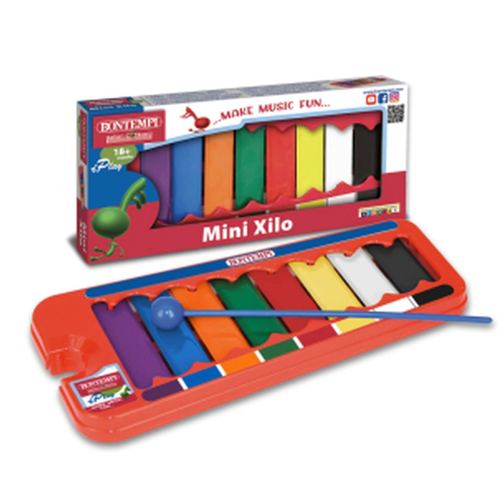 Bontempi Marching Drum Play Green packaging features a colorful product with glossy text on a red cardboard background.