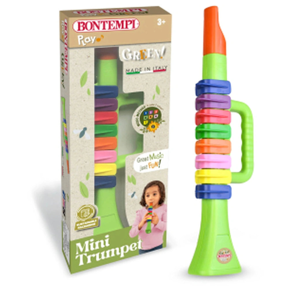 Bontempi Mini Trumpet in green and orange, displayed in a white cardboard packaging with glossy printed labels.