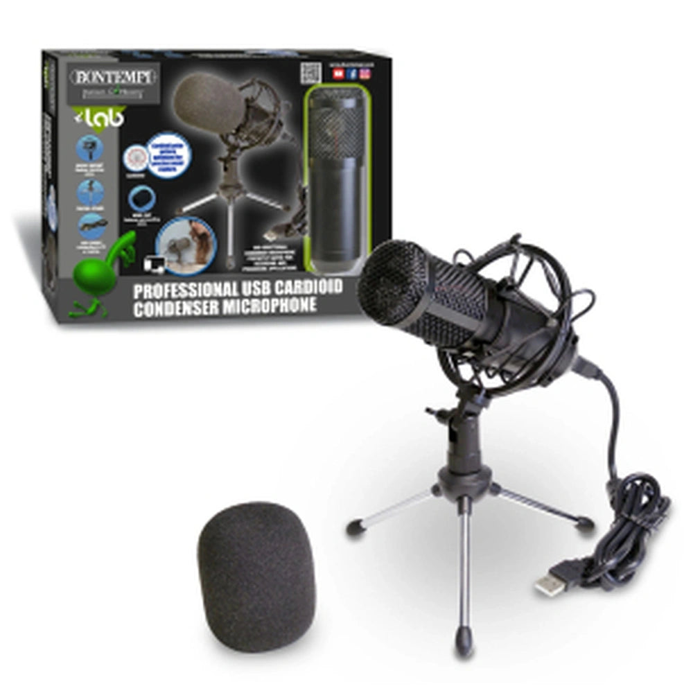 Bontempi Mini Wireless Speakers with a black and silver USB cardioid condenser microphone and stand in a glossy cardboard box