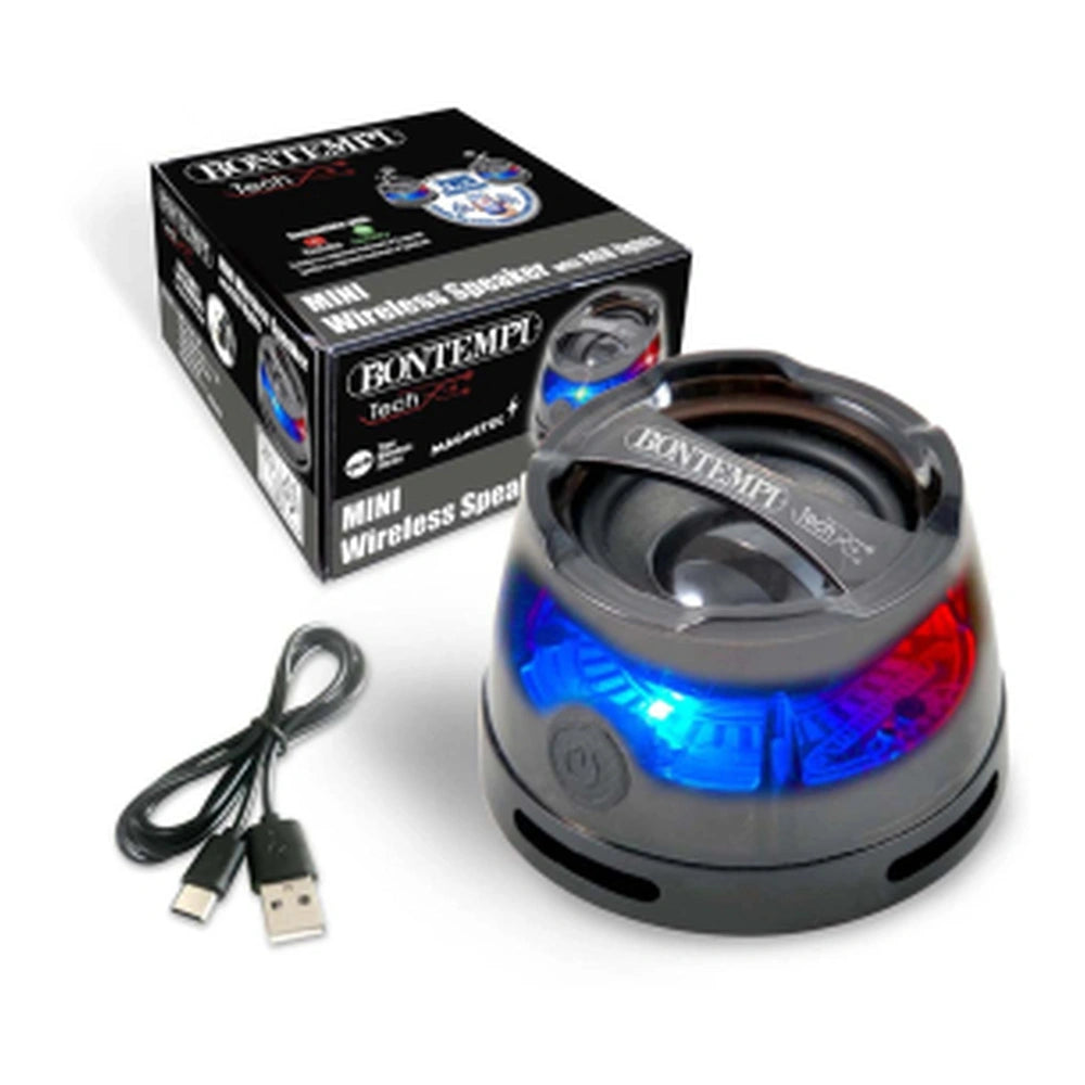 Bontempi Mini Wireless Speakers in a glossy black finish featuring blue and red lights, with a black USB cable included.