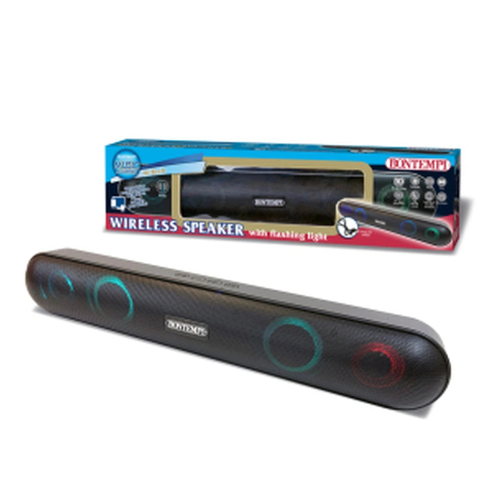 Bontempi Mini Wireless Speakers in black with green and red accents, packaged in glossy blue and gold materials.