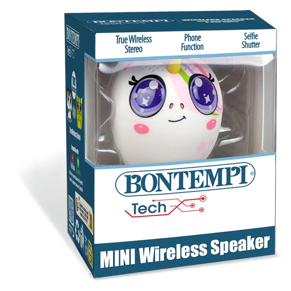Bontempi Mini Wireless Speakers in glossy blue packaging featuring a transparent window, with pink and purple accents visible