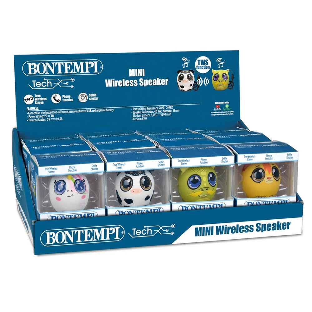 Bontempi Mini Wireless Speakers packaging features six colorful speakers on a blue background with white text and a glossy wi