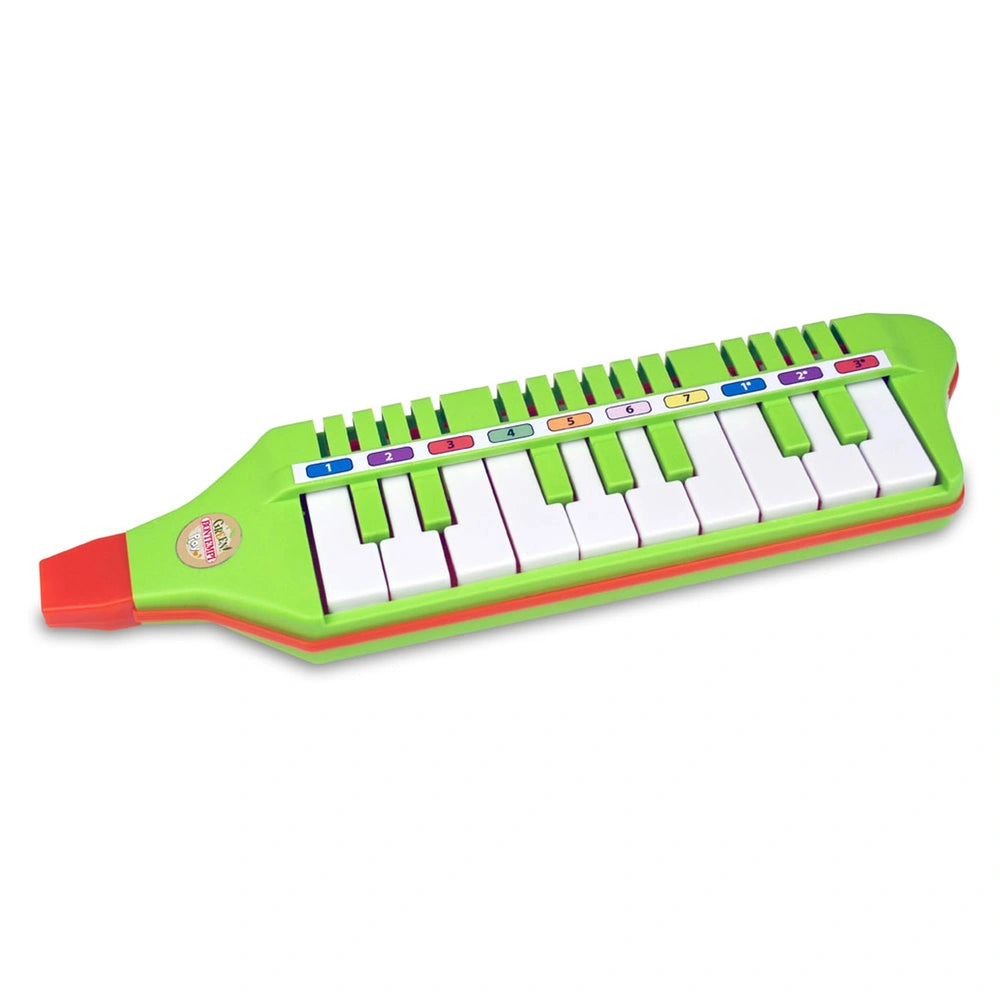 Bontempi Mouthpiano in green features 26 white keys with colored markings and a red accent on the front.