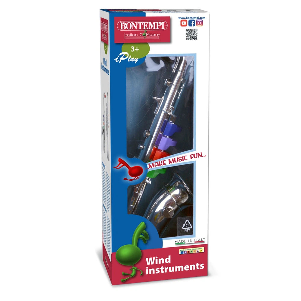 Bontempi saxophone packaging features a white background, red text, and a transparent window, highlighting musical fun for ag