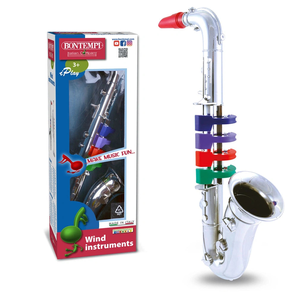 Bontempi saxophone in glossy cardboard packaging with a transparent window, featuring a blue background and red and white tex