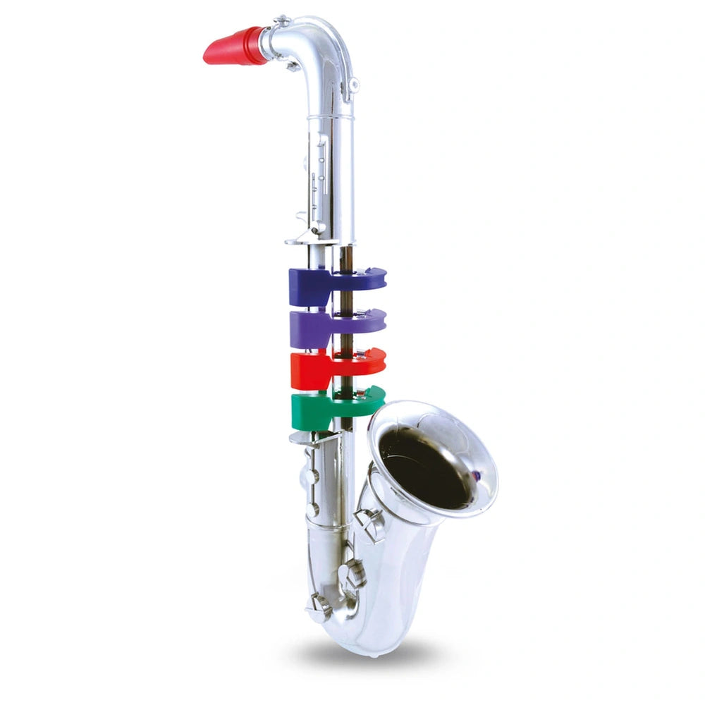 Bontempi saxophone featuring a red top, blue middle, and green bottom with visible bell, mouthpiece, neck, valves, and keys.