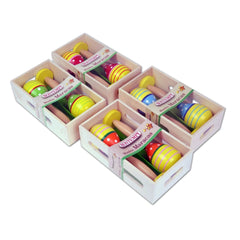 Bontempi Wooden Maracas in retail packaging with colorful plastic handles and inserts, labeled for ages 3 and up.
