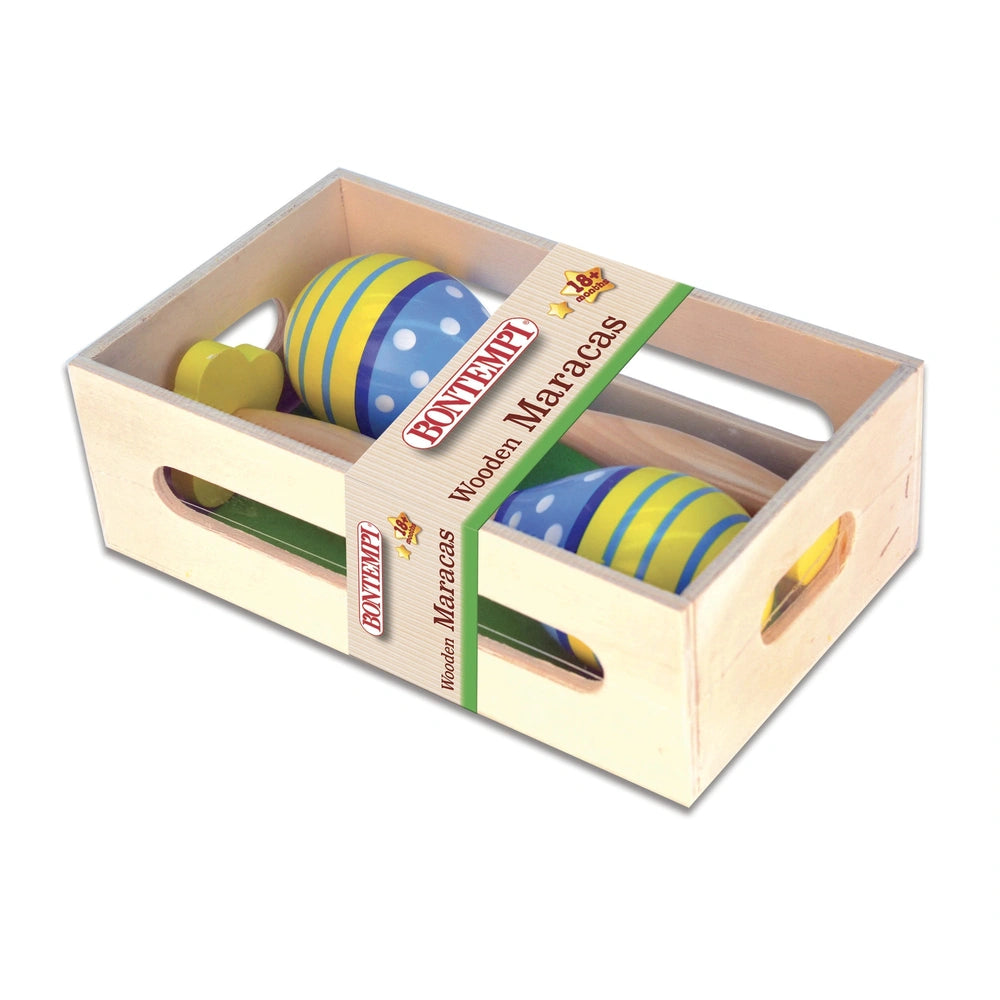 Bontempi wooden maracas packaged in light-colored matte cardboard, featuring two indistinct musical instruments inside.