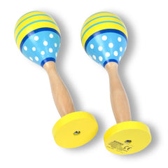 Bontempi wooden maracas featuring two yellow and blue patterned balls with light brown handles, displayed from the front view