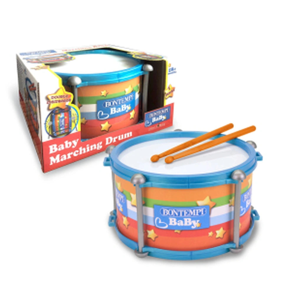 Bontempi wooden tambourine in red and white cardboard packaging, featuring a blue drum with colorful design and orange drumst