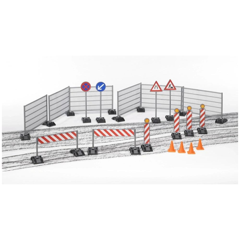 Bruder construction set with gray fences, red-white barriers, traffic signs, and orange cones for imaginative building play.