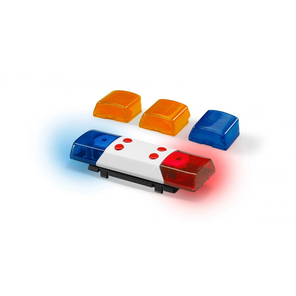 Red and blue light module with four removable covers for Bruder vehicles, enhancing play with sound and realism.