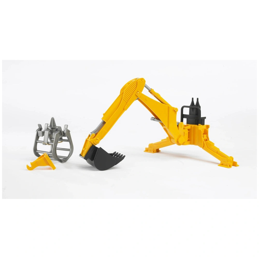 Bruder yellow rear hydraulic arm with black bucket and silver grabber on white background.