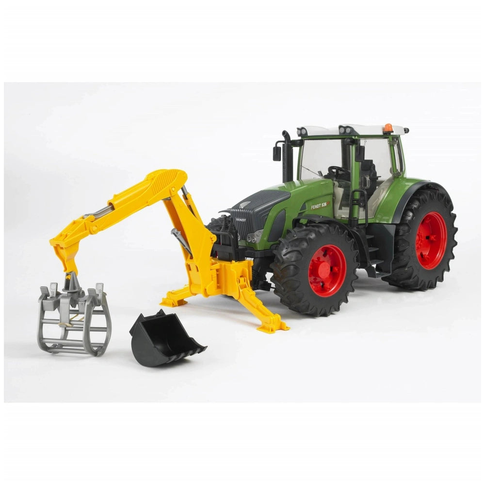 Green Bruder toy tractor with red wheels and a yellow hydraulic arm, showcasing a rear digger and grabber attachment.