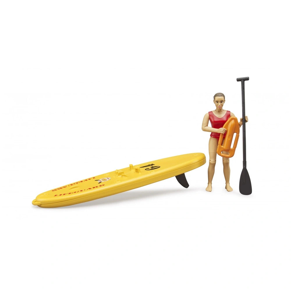 Lifeguard toy in red suit with stand-up paddleboard, orange lifebuoy, and black paddle.
