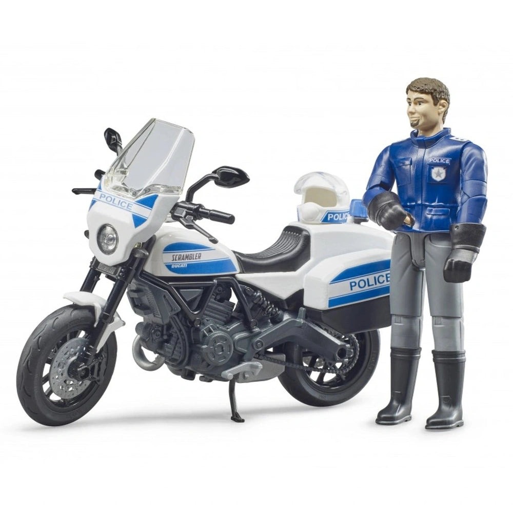 Bruder Scrambler Ducati Police Motorcycle toy with action figure in blue uniform.