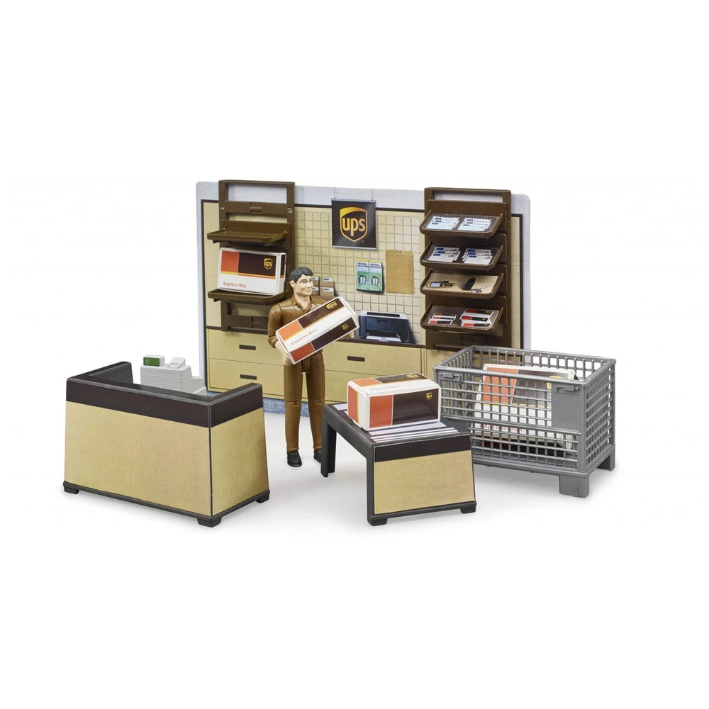 Toy UPS parcel shop playset with figure holding a package, shelves with accessories, and a counter in front.