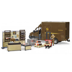 Toy set depicting a UPS parcel shop with figures, shelving, packages, and a delivery van.