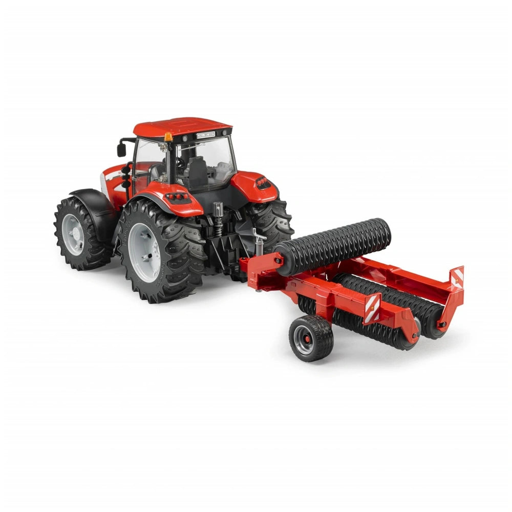 Red Bruder Cambridge Roller toy tractor with a wide black agricultural roller attachment.