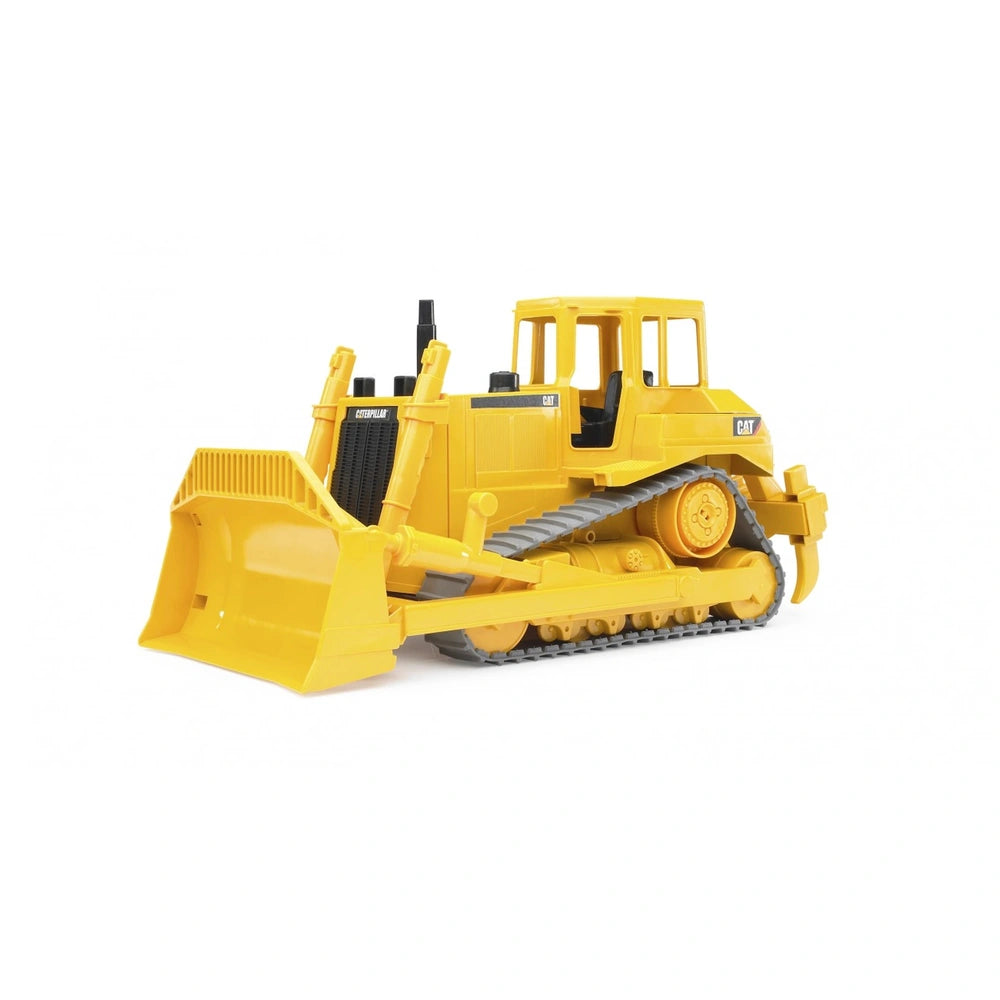 Yellow Bruder CAT Bulldozer toy with adjustable blades and rubber tracks, viewed from the side.