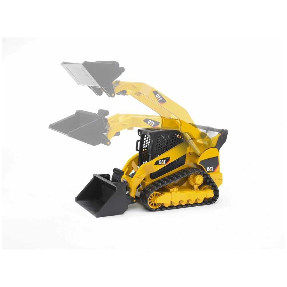 Yellow Bruder CAT Compact Track Loader toy with adjustable arm and rubber tracks, showcasing realistic movement.