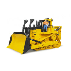 Bruder Cat® Large Track-Type Tractor toy with a yellow body, black details, and a small worker figure standing on it.