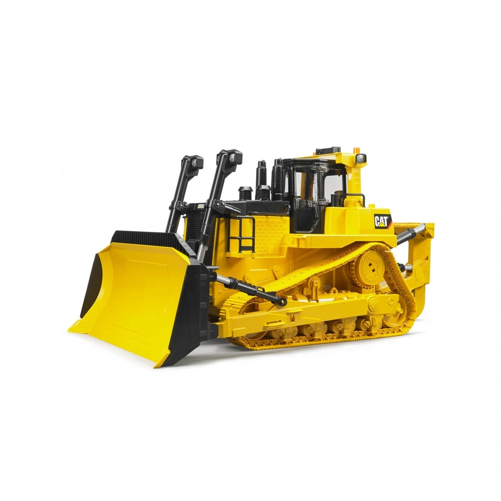 Yellow CAT track-type tractor toy with black accents, featuring realistic tracks and a large front blade on a white background.