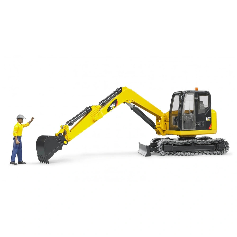 Yellow CAT mini excavator toy with rotating cab and worker figure, showcasing detailed construction features.