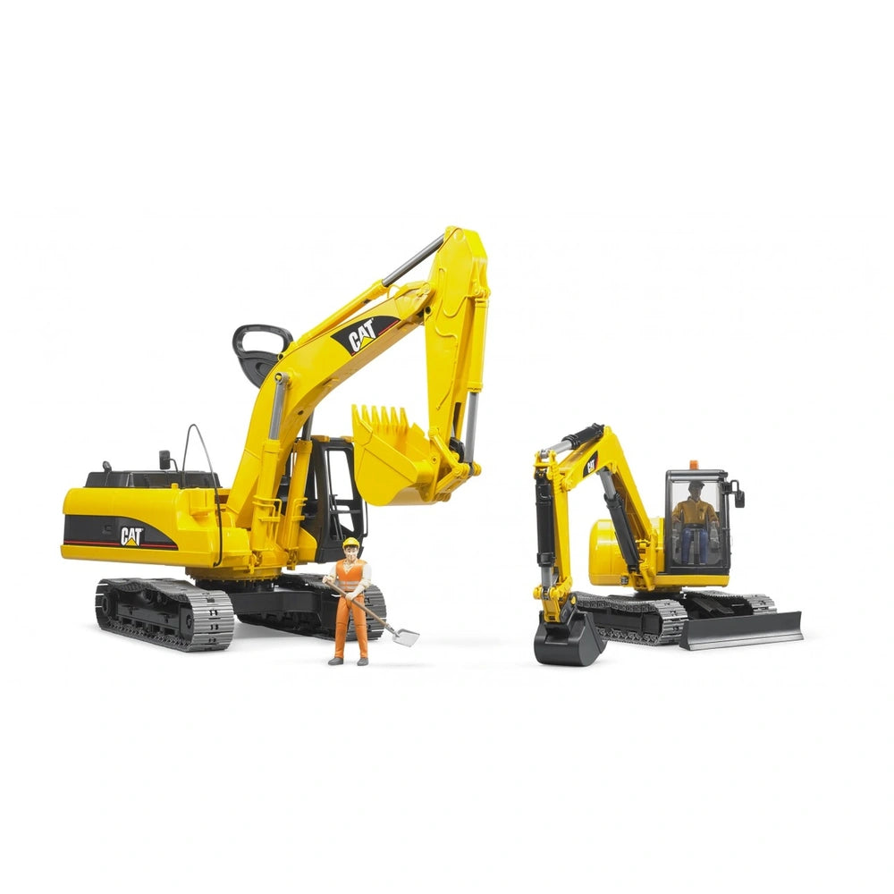 Yellow CAT mini excavator toy with worker figure, featuring rotating cab and adjustable plough blade.