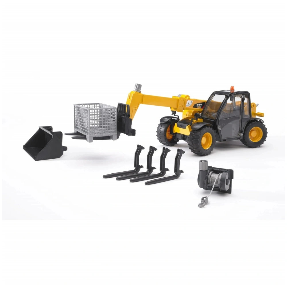 Yellow Bruder Cat Telehandler toy with adjustable arm and four-wheel steering, includes basket, forks, and accessories.