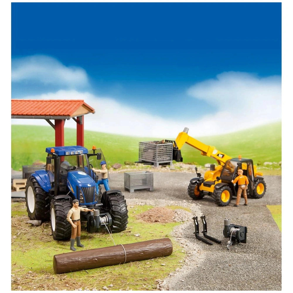Toy construction site with Bruder Caterpillar Telehandler lifting a crate, surrounded by toy figures, blue tractor, and logs.