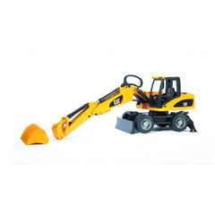 Yellow Bruder CAT wheel excavator toy with articulated boom, black wheels, and detailed cockpit on a white background.