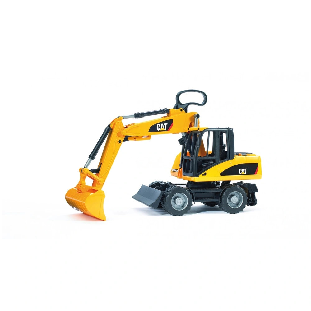 Yellow Bruder CAT® Wheel Excavator toy with articulated boom and detailed design on a white background.