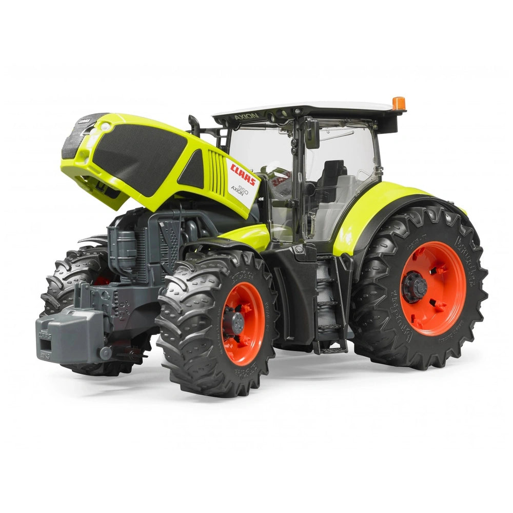 Claas Axion 950 toy tractor with bright green body, large black and orange wheels, and open hood.